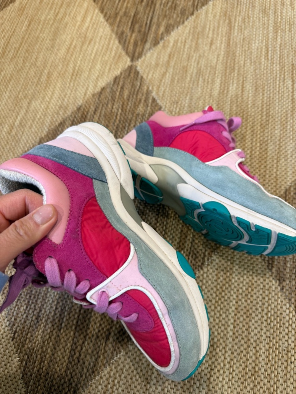 CHANEL Colorblock Suede & Leather Sneakers - Pink, Fuchsia, Mint - Picture 5 of 8